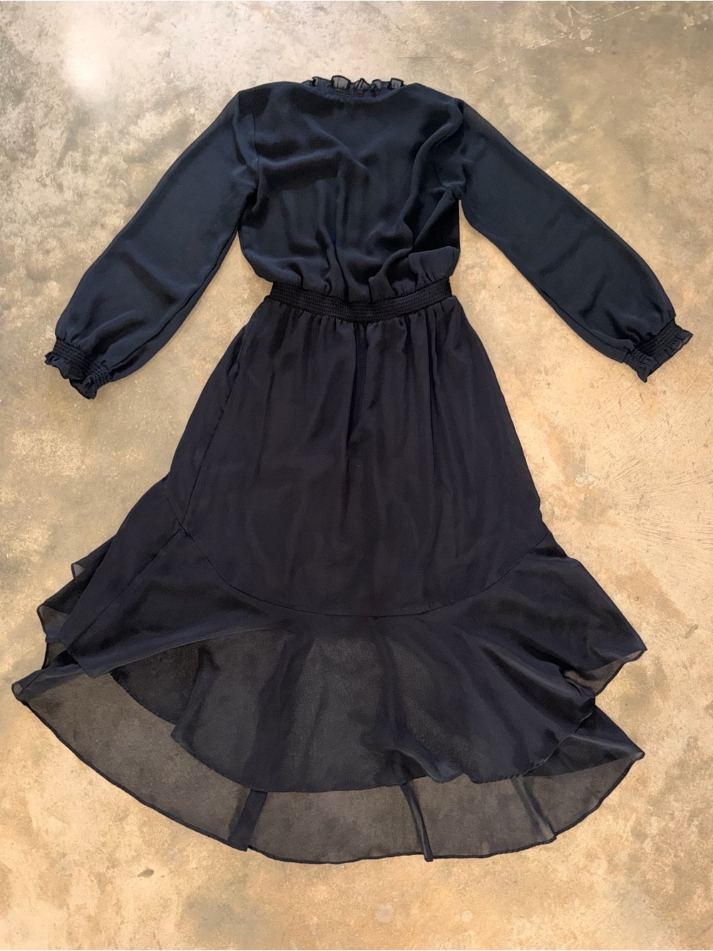 1.STATE Black High Low Ruffle Midi Maxi Dress Smocked Waist Long Sleeve S - Picture 6 of 9